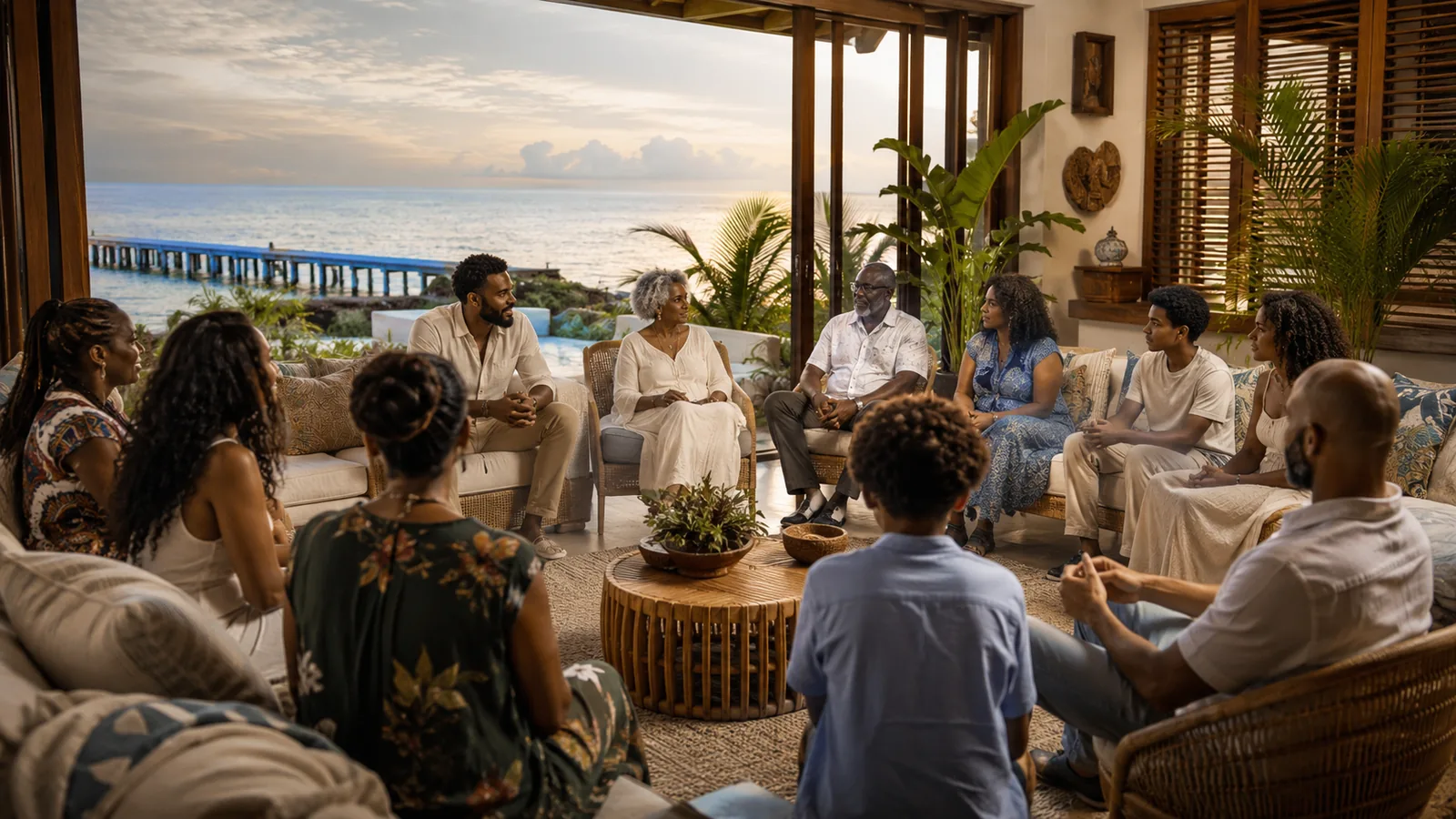 Intergenerational group gathered in a circle by the Caribbean sea