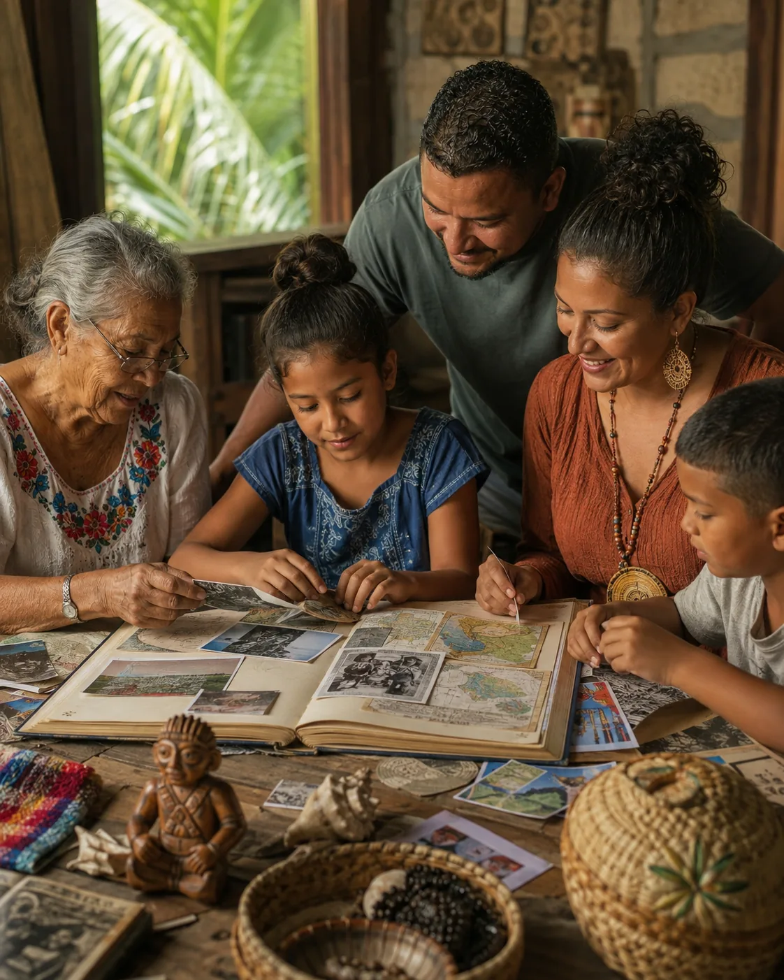 Family building a heritage scrapbook together