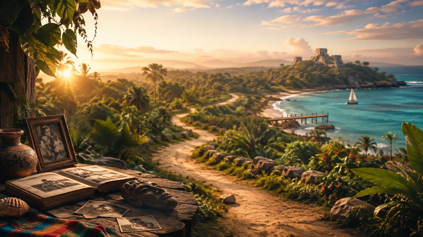 Belizean landscape, coast and heritage objects representing a learning journey