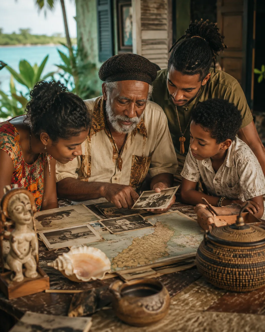 Intergenerational family exploring photographs, maps and heritage objects