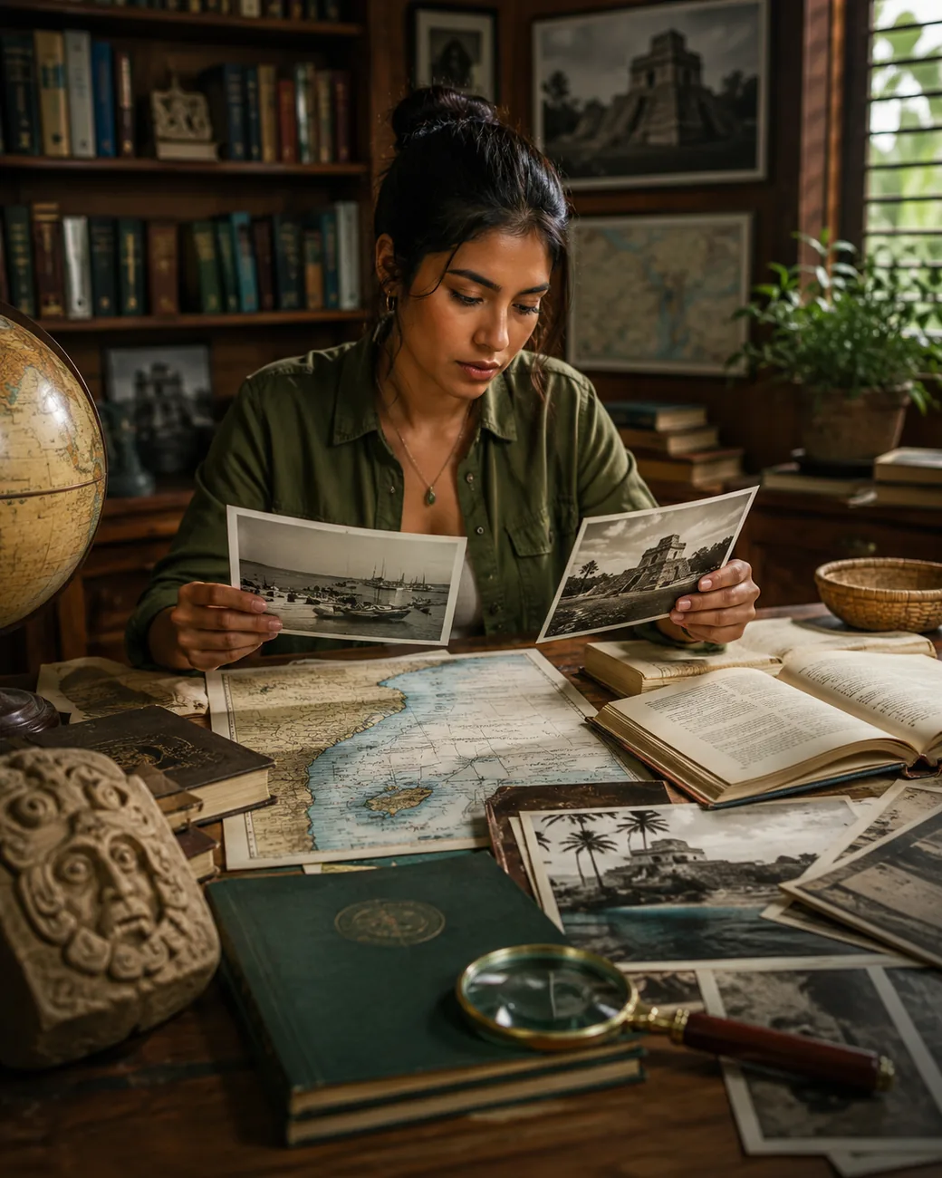 Researcher comparing maps, books and archival material