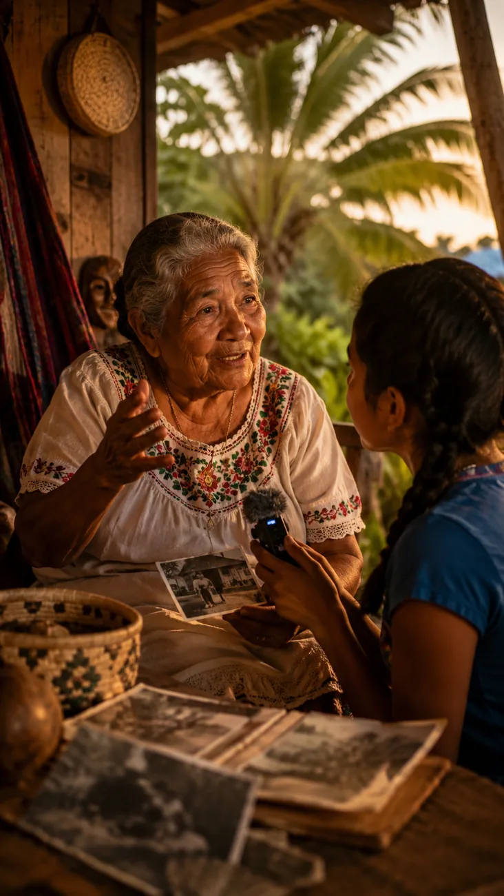 Elder sharing a family story while a younger relative records it