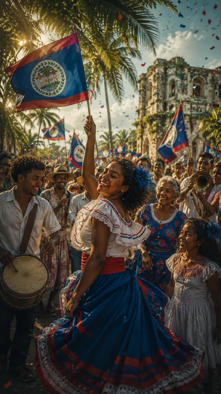 Belize independence celebration with national flags