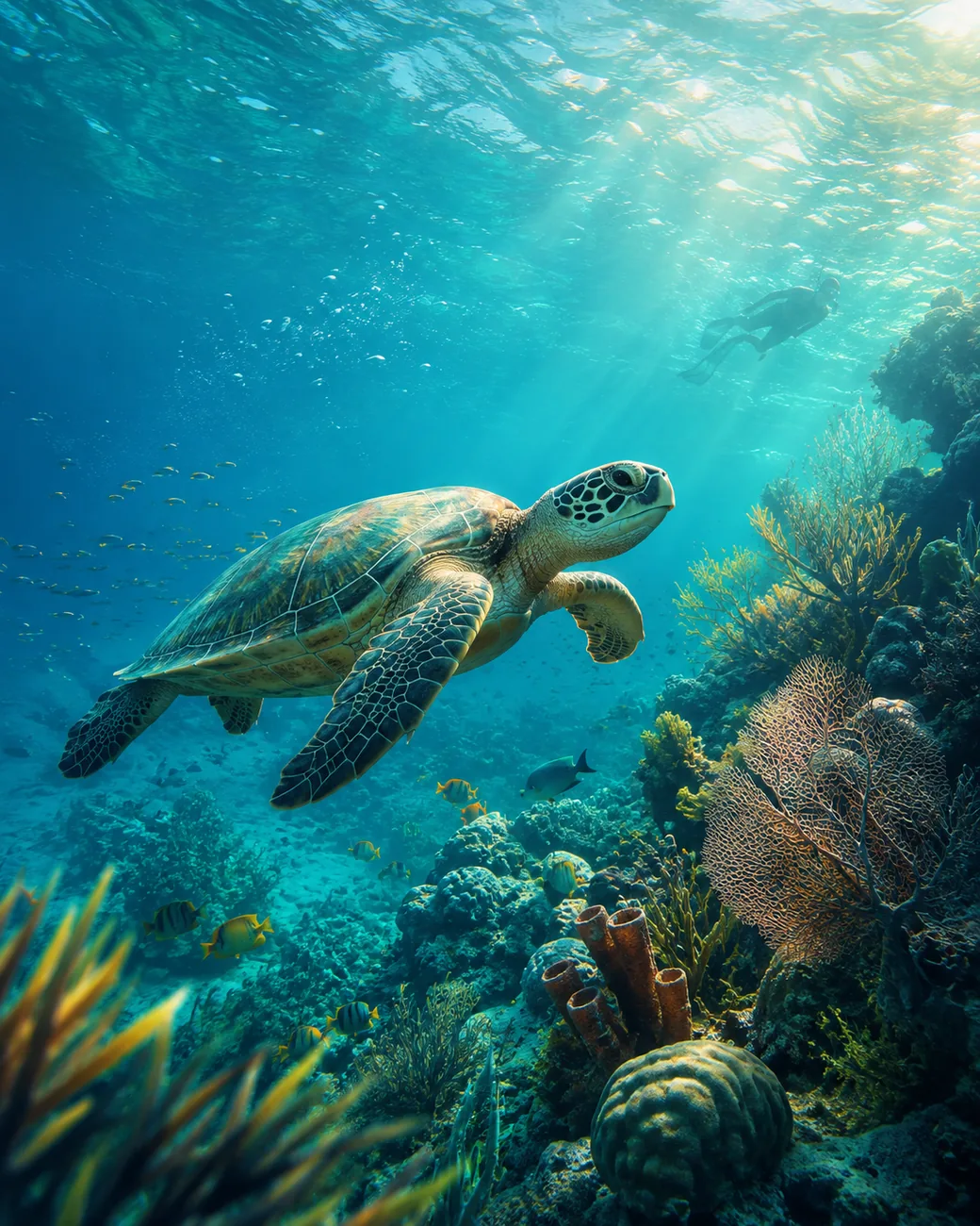 Sea turtle swimming above the Belize Barrier Reef